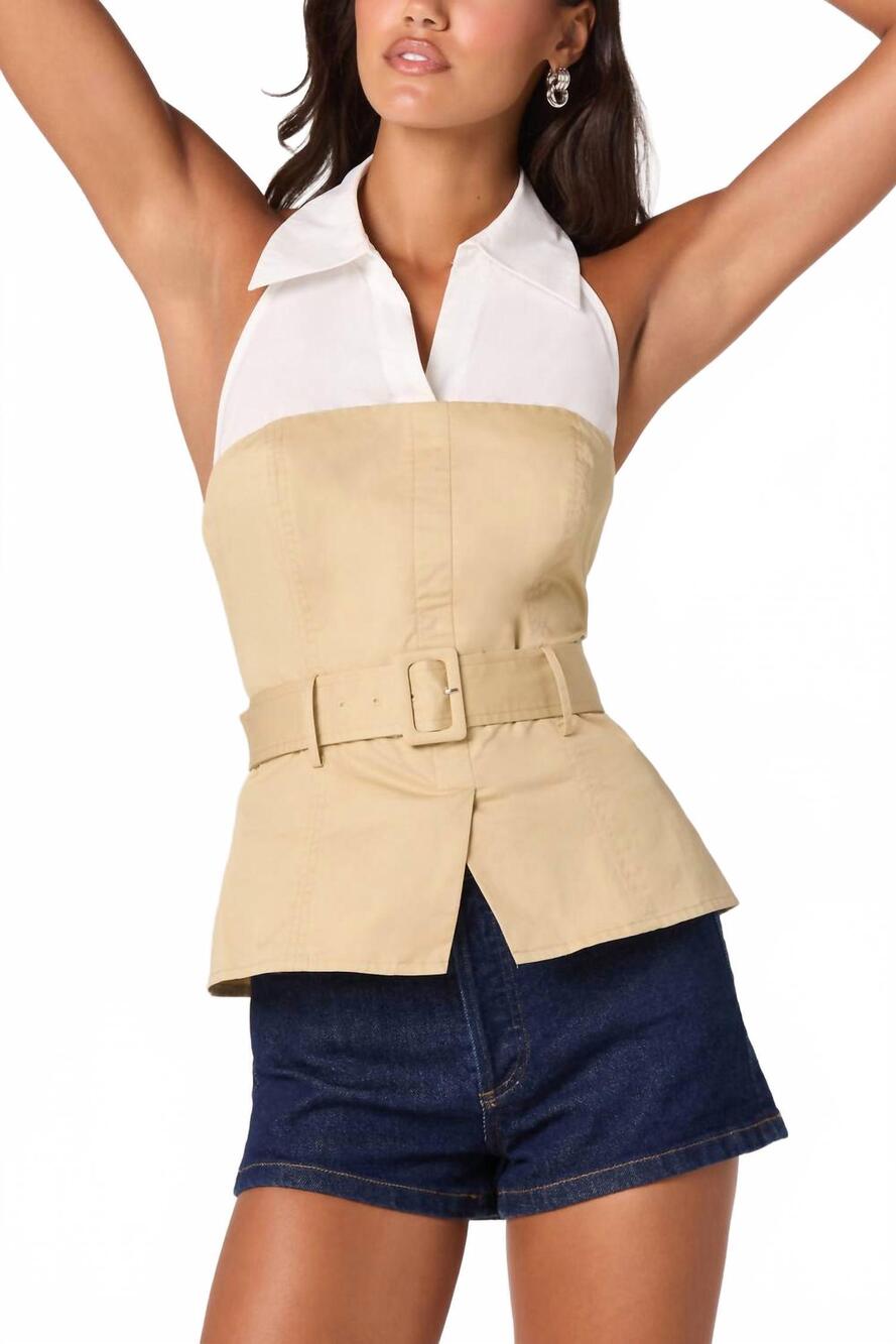 NEW ASTR collar halter top in khaki / white